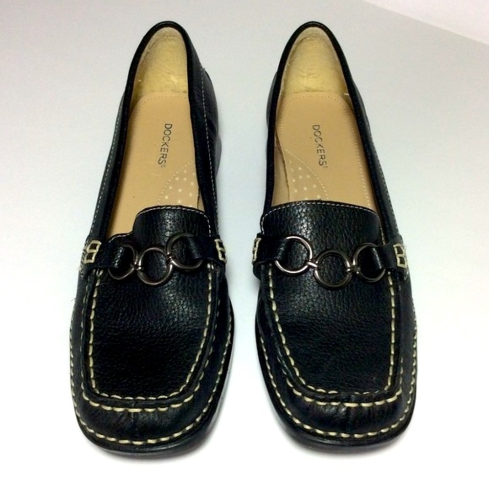 Dockers CEDRAK Black Leather Loafers Gunmetal Circle Bit White Topstitching - Picture 2 of 6